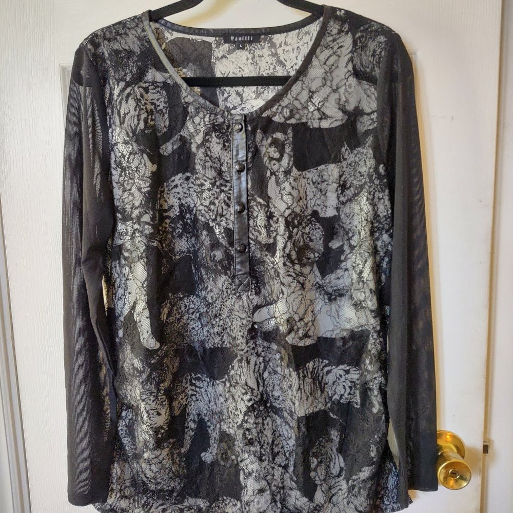Panitti Women Top Size Large Animal Printed Long Sleeve Black